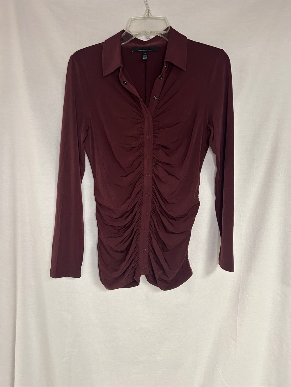 White House Black Market Burgundy Ruched Button-Down Shirt